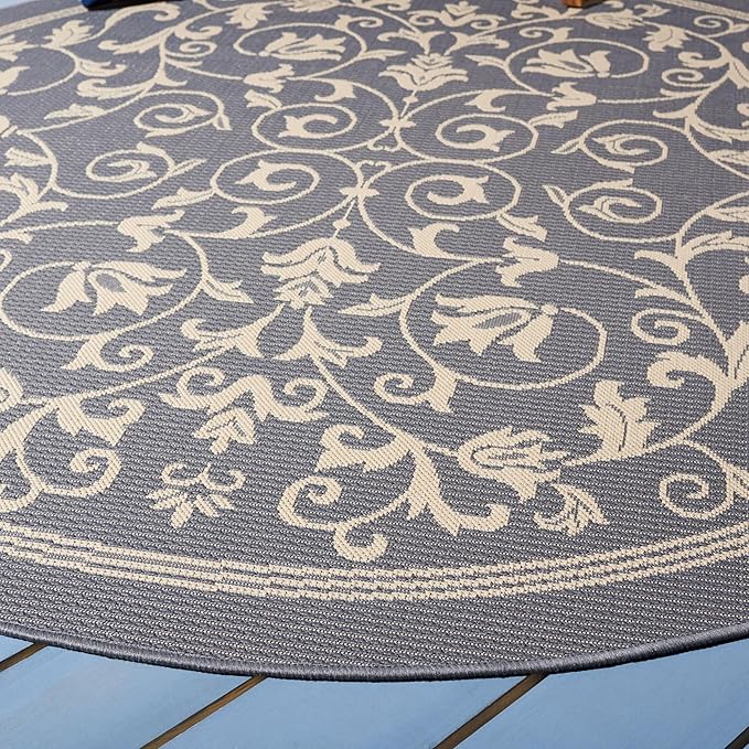 SAFAVIEH Courtyard Collection Area Rug - 7'1 Round, Grey & Natural, Scroll Design, Non-Shedding & Easy Care, Indoor/Outdoor & Washable-Ideal for Patio, Backyard, Mudroom (CY2098-3606)