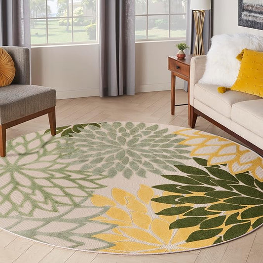 Nourison Aloha Indoor/Outdoor Green Multicolor 5'3" x Round Area Rug, Easy Cleaning, Non-Shedding, Bed Room, Living Room, Dining Room, Backyard, Patio, Deck (5 Round)