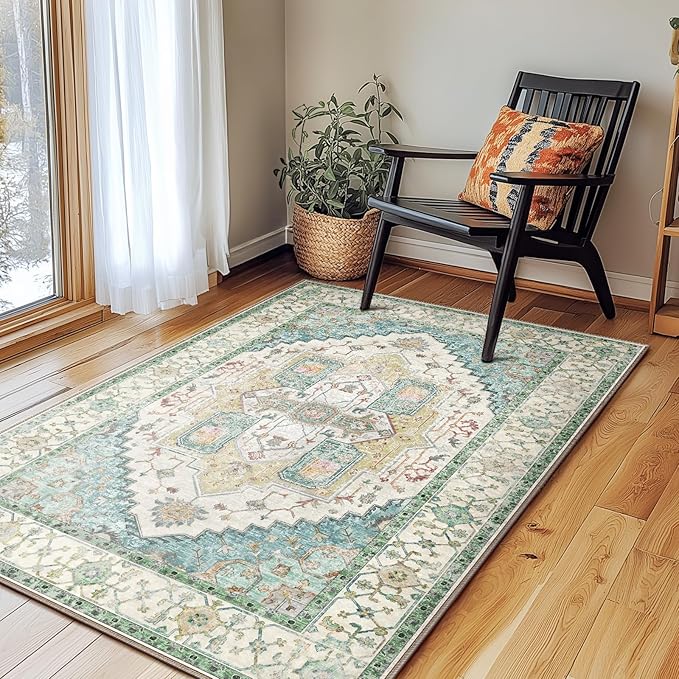 Washable 3x5 Area Rugs, Rugs for Living Room, Low-Pile Water&Stain Resistant Carpet Vintage Distressed Printed Non-Slip Carpet for Bedroom Bathroom Kitchen-Grass Green