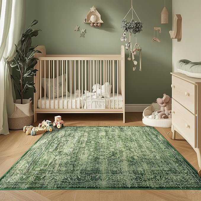 4x6 ft Green Area Rug, Washable Non-Slip Indoor/Outdoor Patio, Kitchen, Entryway, Office, Boho Kids Rug, Runner Rug for Living Room & Hallway