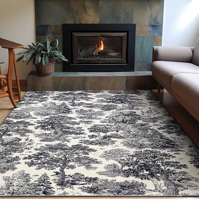 Vintage Forest Rug Washable, Black White Aesthetic Nature Woodland Living Room Rug, Country Rustic Neutral Cool Plants Botanical 5x7 Area Rugs Accent Carpet for Kitchen Dining Room Entryway