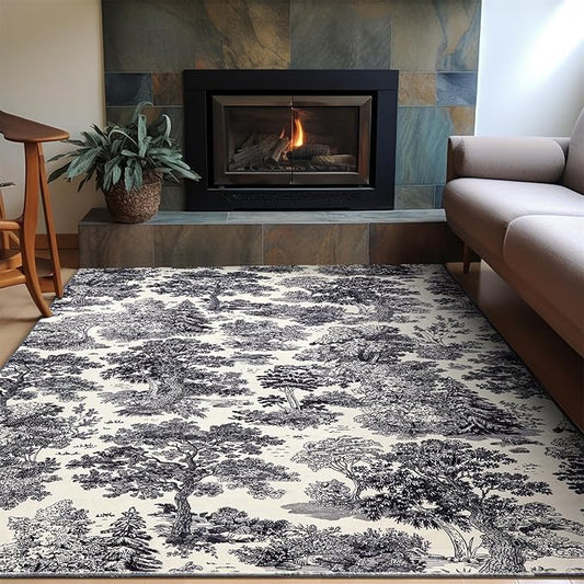 Vintage Forest Rug Washable, Black White Aesthetic Nature Woodland Living Room Rug, Country Rustic Neutral Cool Plants Botanical 5x7 Area Rugs Accent Carpet for Kitchen Dining Room Entryway