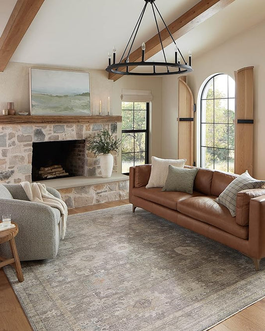 Loloi Magnolia Home by Joanna Gaines Millie Collection MIE-05 Stone/Natural 9'-6" x 9'-6", .25" Pile Height, Round Area Rug
