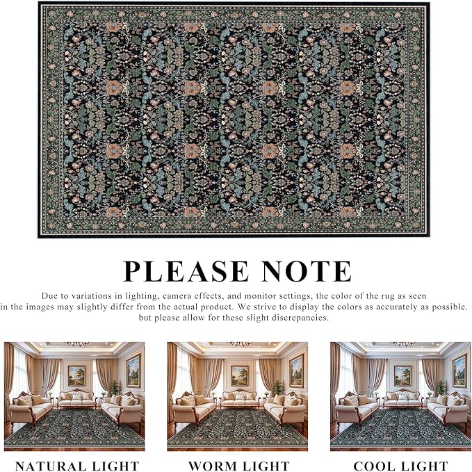 10x12 Area Rug Living Room: Soft Vintage Oriental Floral Farmhouse Style - Washable Low Pile Stain Resistant Thin Indoor Carpet with Non Slip Backing (10x12 Black/Green/Multi)