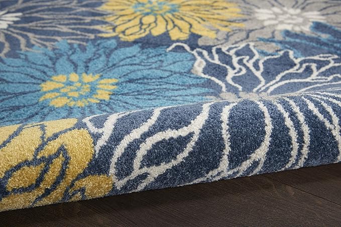 Nourison Passion Blue 5'3" x Round Area Rug, Floral, Farmhouse, Easy Cleaning, Non Shedding, Bed Room, Living Room, Dining Room, Kitchen, (5' Round)
