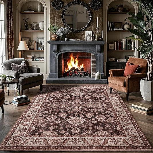 Area Rugs for Living Room, 6x9 Washable Area Rug for Bedroom, Retro Floral Non-Slip Carpet for Nursery Home Office Dining Room Kitchen, Brownish Red