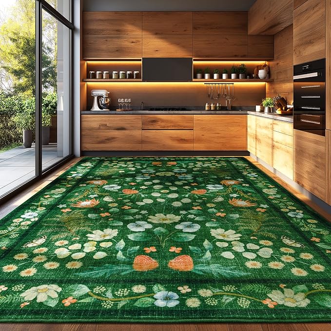 Area Rugs for Living Room, Non-Slip 4x6 Washable Rug for Bedroom,Vintage Floral for Entryway Office Kitchen Dining Room, Green