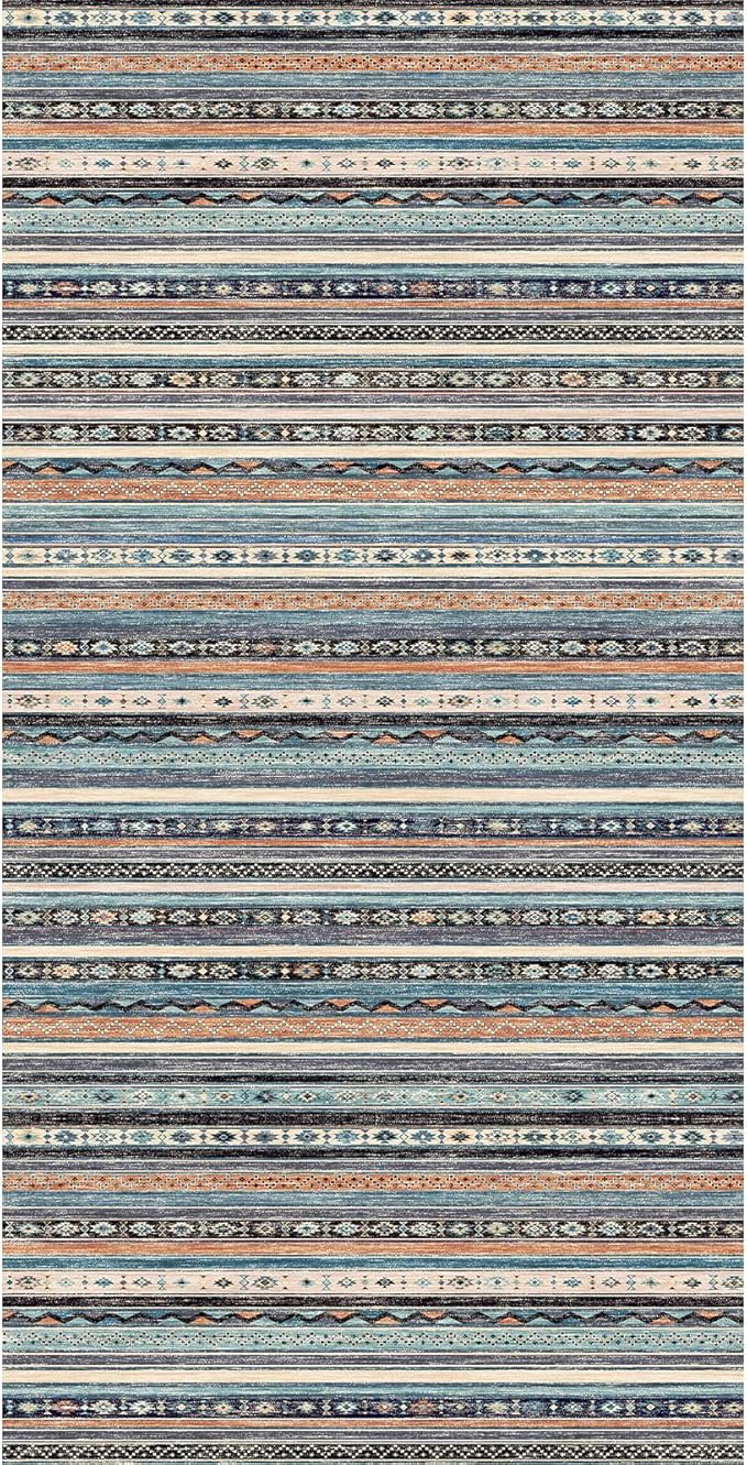 4x8 Rug Washable Indoor: Non-Slip Southwestern Striped Carpet for Kitchen Hallway Entry - Farmhouse Low Pile Stain Resistant Long Thin Front Door Mat 4x8 Blue/Black/Multi