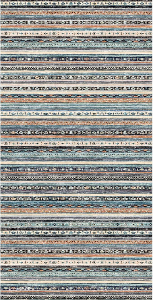4x8 Rug Washable Indoor: Non-Slip Southwestern Striped Carpet for Kitchen Hallway Entry - Farmhouse Low Pile Stain Resistant Long Thin Front Door Mat 4x8 Blue/Black/Multi