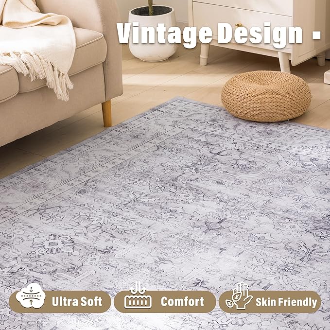 Carvapet Grey Rugs for Living Room, Vintage Low Pile Large Carpet with Rubber Backing, Foldable, Non Slip Machine Washable (9 x 6 Feet Rectangular, Grey Area Rug)