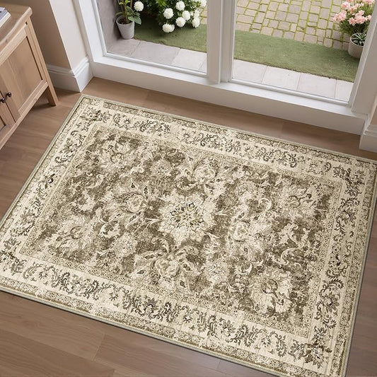 2x3 Washable Area Rug Brown Neutral Carpet for Entryway Floral Distressed Non-Slip Low Pile Soft Lightweight Vacuumable Throw Rug Small Door Mat for Kitchen Entrance Bathroom