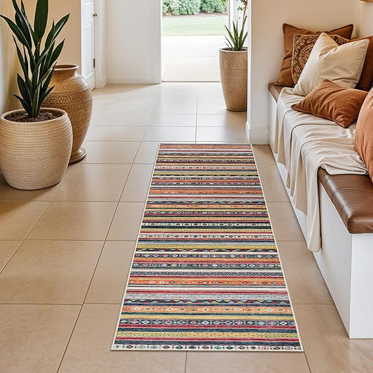 2x6 Runner Rug Washable: Non-Slip Southwestern Striped Carpet for Hallway Kitchen Entry - Farmhouse Low Pile Stain Resistant Long Thin Front Door Mat 2x6 Red/Blue/Multi