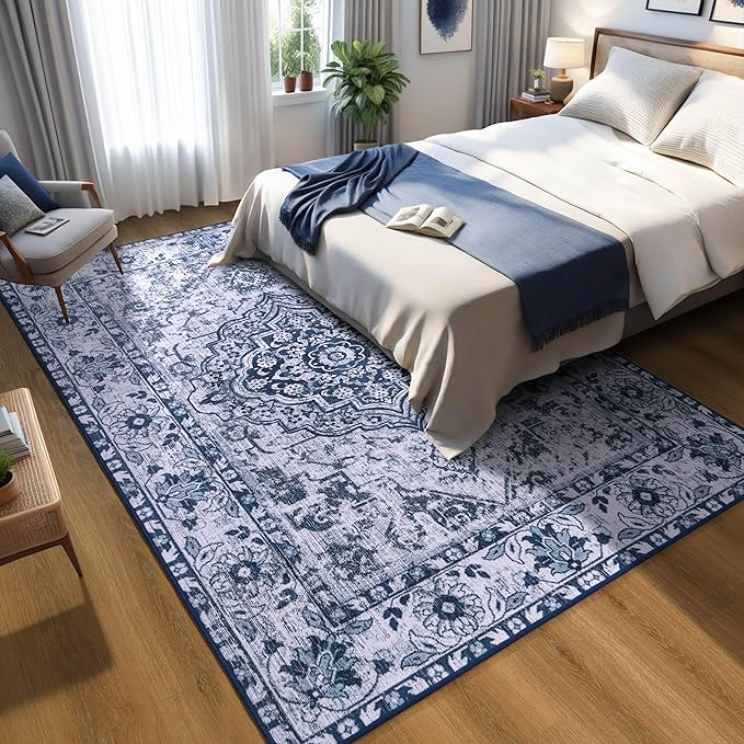 YJ.GWL Large Area Rug for Living Room, 5x8 Machine Washable Boho Rug for Bedroom, Low Pile Lightweight Thin Rugs Floral Vintage Distress Print Pattern Carpet for Dining Room, Blue/White