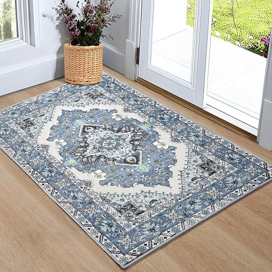 Noahas Front Door Mat Indoor Outdoor Entrance,2x3 Small Blue Area Rugs Vintage Machine Washable Rugs Non-Slip Low Pile Carpets for Entryway Porch Bathroom Kitchen Bedroom Laundry Room Home Decor