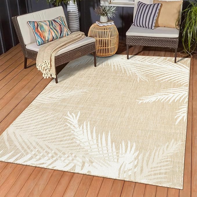 LR Home 5 x 7 Indoor/Outdoor Area Rug for Home Decor | Floral Carpet Suitable for Living Room, Bedroom, Playroom, Patio, Garden | Tropical Farmhouse Rug | Beige/Ivory