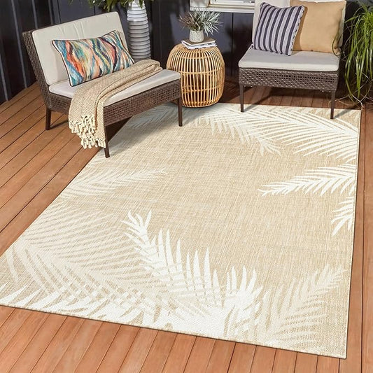 LR Home 5 x 7 Indoor/Outdoor Area Rug for Home Decor | Floral Carpet Suitable for Living Room, Bedroom, Playroom, Patio, Garden | Tropical Farmhouse Rug | Beige/Ivory