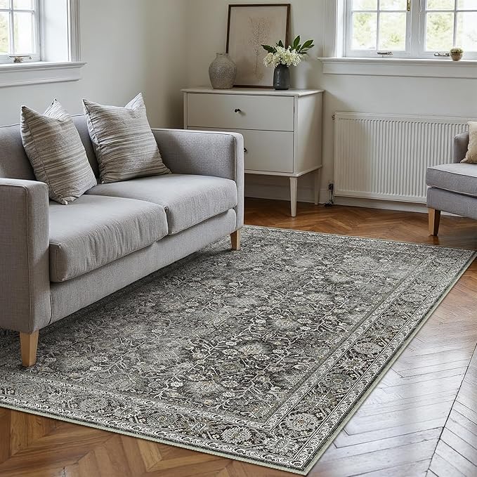 Vintage Area Rug 4x6 Black Entryway Office Washable Carpet Non Slip Bedroom Indoor Living Room Door Mat Low Pile Traditional Distressed Retro Accent Rug for Dining Room Bathroom Kitchen