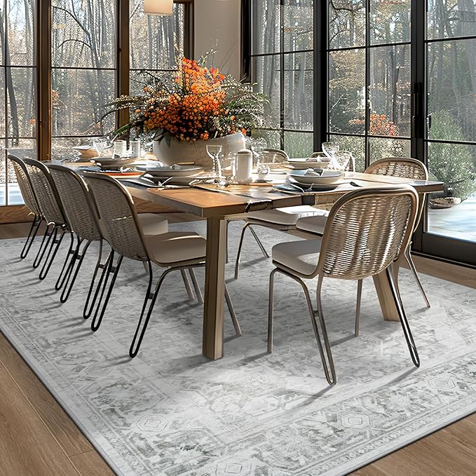 Washable Rugs 8x10 Area Rugs, Soft Vintage Living Room Rug with Anti-Skid Backing Stain Resistant Thin Indoor Carpet Large Area Rug for Bedroom Under Dining Room Table Nursery Entryway-Gray/Black