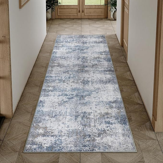 2x6 Runner Rugs Grey Blue Machine Washable Hallway Area Rug Indoor Accent Rug Abstract Non Slip Low Pile Carpet Distressed Throw Rug for Bedroom Living Room Office Dining Room Kitchen