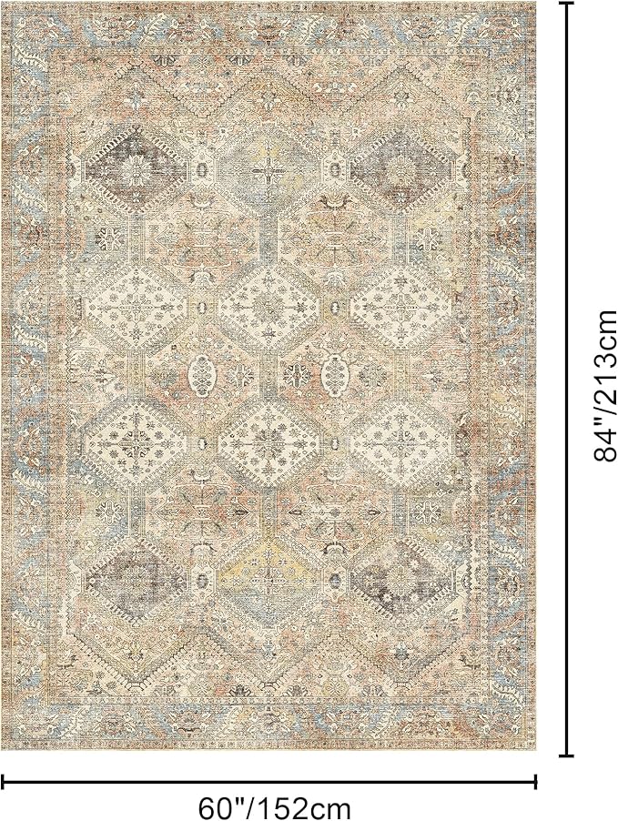Bavni Clearance 5x7 Area Rugs for Living Room, Machine Washable Rug Non Slip, Vintage Chenille Distressed Print Carpet, Large Low Pile Ultra-Thin Lightweight Rugs for Bedroom, Dining Room, Wood Brown