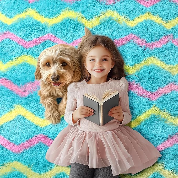 RUGTUDER Soft Fluffy Rug for Bedroom, 5x8 Washable Fuzzy Striped Rugs for Girls Teens Dorm, Non Slip Shaggy Unicorn Area Rug for Living Room Boys Kids Room Playroom Decor, Teal Pink Yellow