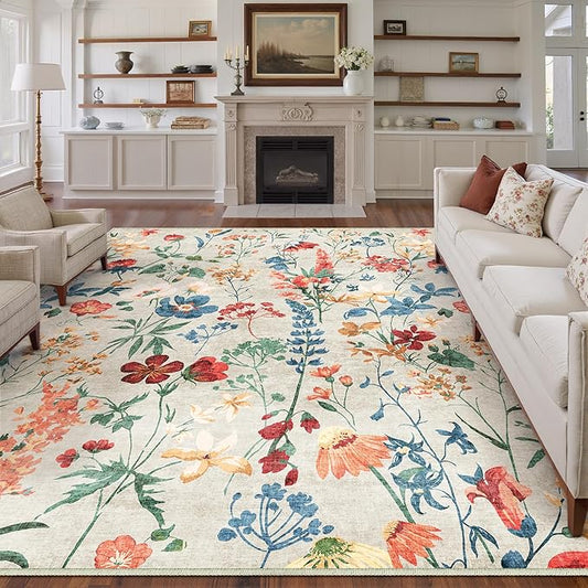 Beige Area Rug 6x9 Floral Washable Living Room Kitchen Boho Carpet Non Slip Low Pile Indoor Accent Lightweight Soft Throw Rug for Bedroom Office Dining Room Nursery Farmhouse