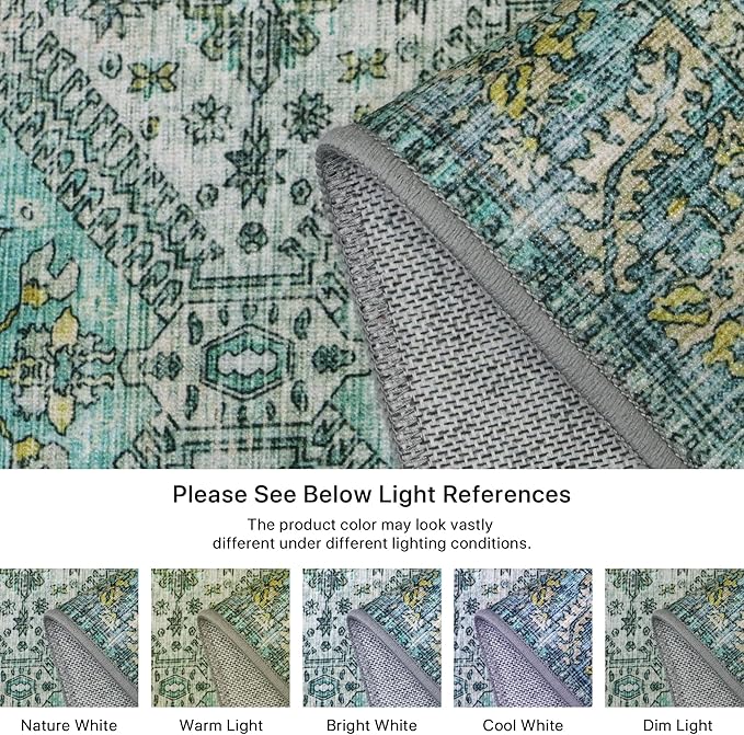 Bavni 8x10 Area Rugs for Living Room, Machine Washable Rug Non Slip, Vintage Chenille Distressed Print Carpet, Large Low Pile Ultra-Thin Lightweight Rugs for Bedroom, Dining Room, Home, Office, Cyan