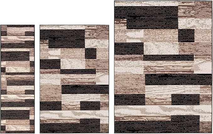 Superior Rockwood 3 Piece Indoor Area Rug Set, Jute Backing, Modern Color Block Decor for Hallway, Entry, Office, Kitchen, Living Room Floors, Plush Rugs, 2' 7" x 8', 5' x 8', 8' x 10', Chocolate
