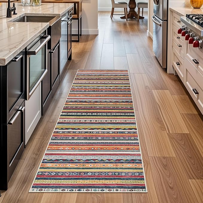 2x6 Runner Rug Washable: Non-Slip Southwestern Striped Carpet for Hallway Kitchen Entry - Farmhouse Low Pile Stain Resistant Long Thin Front Door Mat 2x6 Red/Blue/Multi