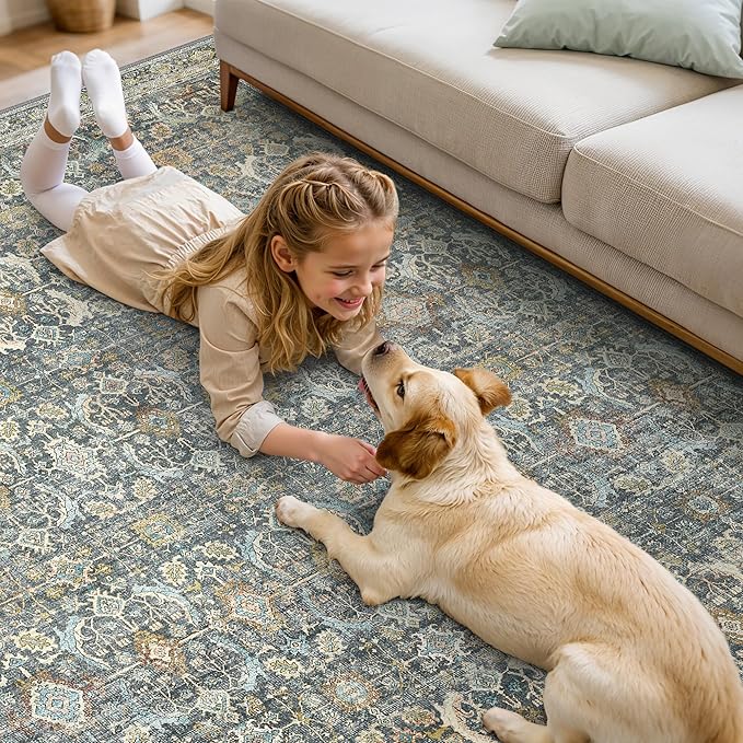 10X12 Area Rugs Machine Washable Rugs for Living Room, Vintage Boho Large Rugs for Bedroom Dining Room, Non Slip Indoor Soft Distressed Lightweight Thin Low Pile Carpet, Terracotta