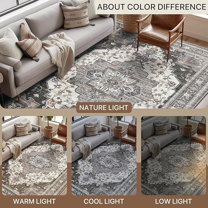 Area Rugs for Living Room 9x12 Machine Washable Rug, Boho Vintage Retro Large Floral Medallion Carpet for Bedroom Dining Room, Low Pile Lightweight Thin Non Slip Rug，Dark Grey