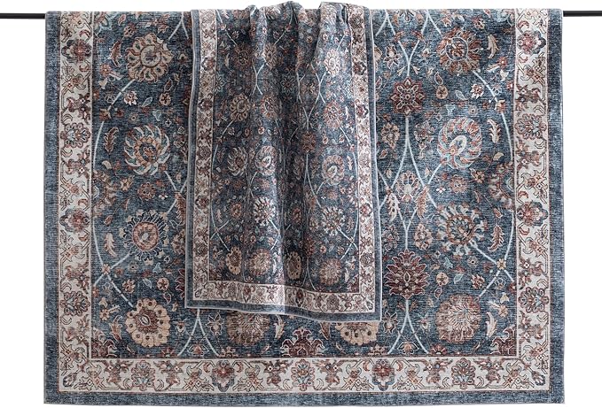 Carvapet Floral Rugs for Living Room Bedroom, Vintage Dark Blue Low Pile Large Carpet with Rubber Backing, Foldable, Non Slip Machine Washable (9 x 6 Feet Rectangular, Dark Blue Area Rug)