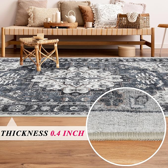 3x5 Area Rugs Washable Boho Rug, Non Slip Carpet for Living Room, Boho Vintage Design Rug, Foldable Soft Low-Pile Rug, Blue/Gray-Brown