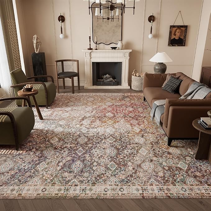 9x12 Rug, Washable Neutral Boho Modern Vintage Non Slip Floral Area Carpet, Low Pile Soft Rugs, Slip Resistance, Pet-Friendly, Durable Rug for Living Room, Bedroom, Kitchen, Dining Room
