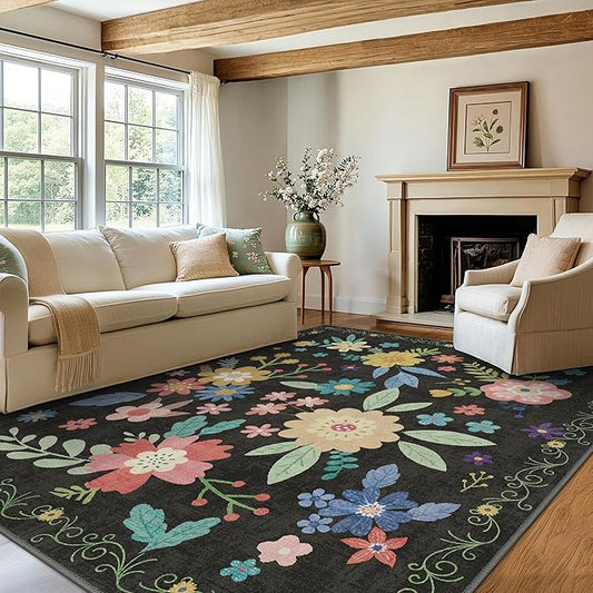 Bavni 4x6 Rugs for Living Room, Lightweight Machine Washable Non Slip Area Rug, Foldable Floral Rugs for Bedroom Dining Room Kids Room, Ultra-Thin Aesthetic Boho Black