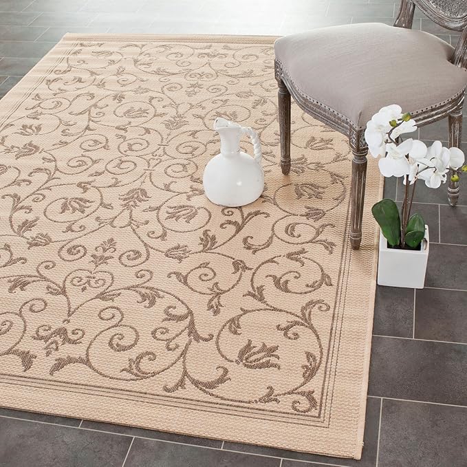 SAFAVIEH Courtyard Collection Area Rug - 6'7" Square, Natural & Blue, Scroll Design, Non-Shedding & Easy Care, Indoor/Outdoor & Washable-Ideal for Patio, Backyard, Mudroom (CY2098-3101)
