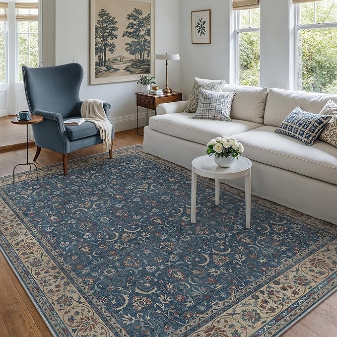 8X10 Area Rugs Machine Washable Rugs for Living Room, Vintage Boho Large Rugs for Bedroom Dining Room, Non Slip Indoor Soft Distressed Lightweight Thin Low Pile Carpet, Indigo