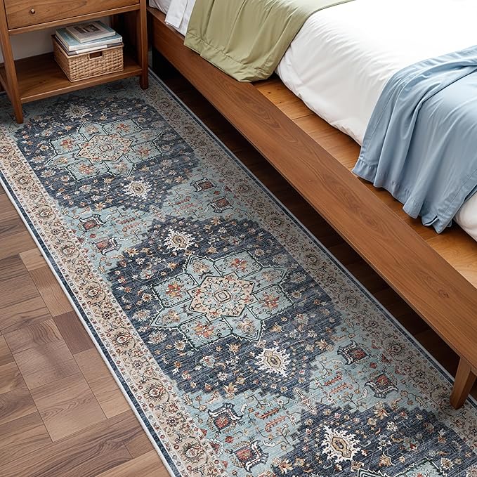 Washable Oriental Hallway Runner Rug - 3x10 Rugs for Living Room Soft Carpet for Bedroom Kitchen Waterproof Floral Distressed Indoor Stain Resistant Non-Shedding Floor Carpets (Blue/Teal/Orange, 3X10)