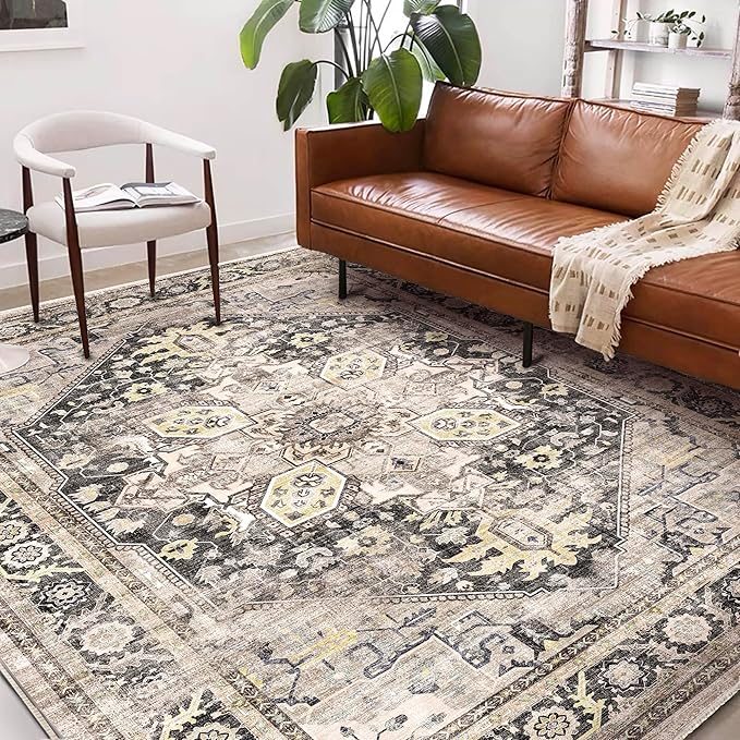 Washable Area Rug 8'x10' Black-Purple Khaki Retro Boho Design Non-Shedding Non-Slip Easy Care Ideal for High Traffic Areas in Living Room Bedroom Office Coffee Table Kitchen Large Carpet