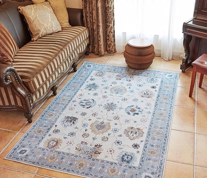 Slate Gray Washable Area Rug with Soft Faux Wool Fabric and Non-Slip Backing for Bathroom, Living Room, Bedroom, Printed Boho Floor Decor Stain-Resistant Foldable Mat (Gray, 5' x 7')