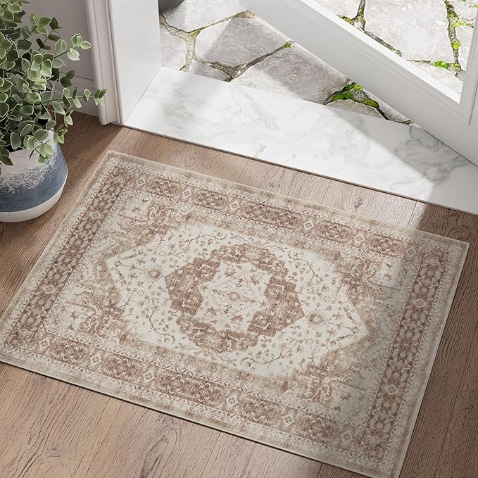 jinchan Washable Area Rug 2x3 Ultra-Thin Soft Vintage Entryway Indoor Doormat Low Pile Non Slip Distressed Carpet Floral Medallion Small Rug for Bathroom Bedroom Laundry Room Taupe Multi