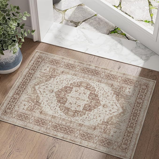 jinchan Washable Area Rug 2x3 Ultra-Thin Soft Vintage Entryway Indoor Doormat Low Pile Non Slip Distressed Carpet Floral Medallion Small Rug for Bathroom Bedroom Laundry Room Taupe Multi