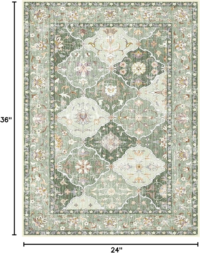 Washable Boho Vintage Area Rugs 2×3 Non-Slip Traditional Green Area Rug Doormat for Bathroom Kitchen Entryway