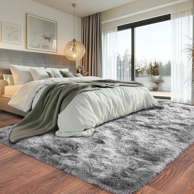 Grey Fluffy Rug for Bedroom 5x7 Feet - Ultra Soft & Anti-Skid Shaggy Area Rug, Comfy Durable Carpet for Living Room & Kids Dorm Nursery, Home Decor Aesthetic