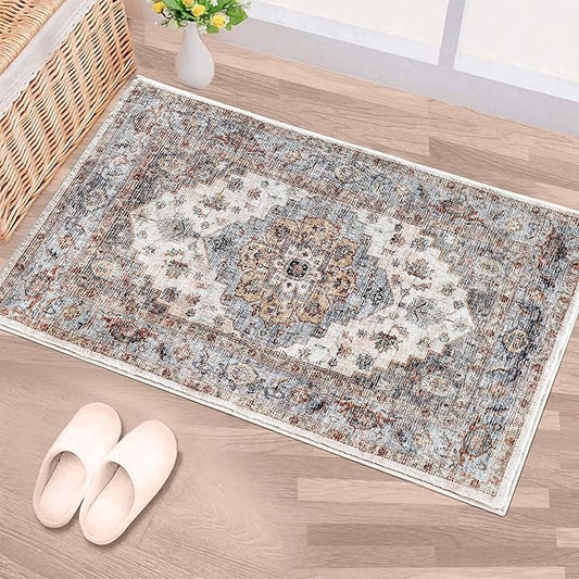 2x3 Machine Washable Area Rugs Boho Vintage Design Rug for Living Room, Bedroom, Kitchen, Soft Non-Slip Indoor Rug, Tawny/Aqua-Print Design