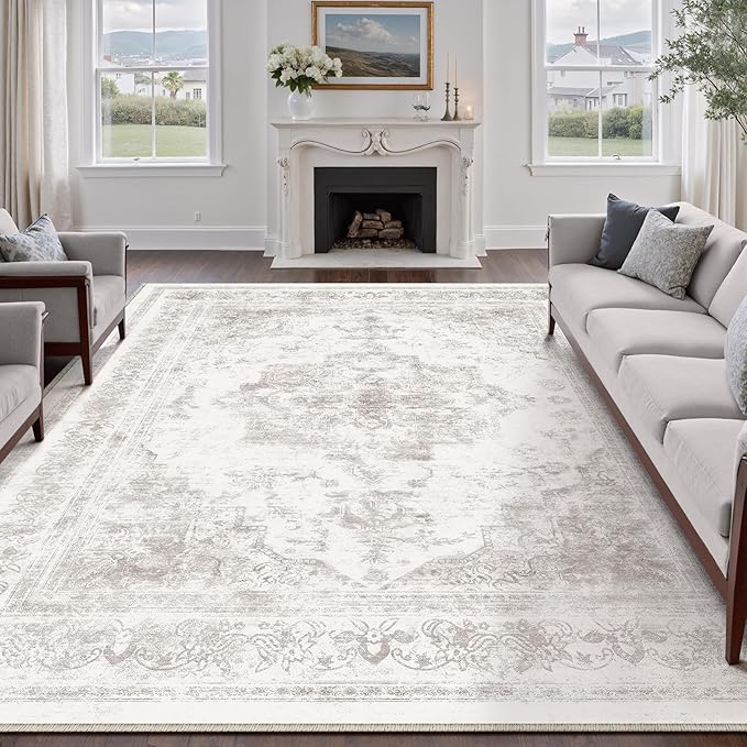 Washable Rug 8x10 Area Rug for Living Room Light Gray Vintage Boho Medallion Large Grey Distressed Retro Carpet Non Slip Indoor Low Pile Small Soft Bedroom Dining Room Home Office