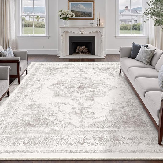 Washable Rug 6x9 Area Rug for Living Room Light Gray Vintage Boho Medallion Large Grey Distressed Retro Carpet Non Slip Indoor Low Pile Small Soft Bedroom Dining Room Home Office