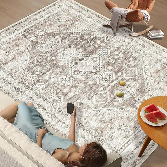 Zomfy Area Rug Vintage 5x7 Living Room Rugs: Washable Rug Traditional Oriental Medallion Rug, Non Slip Boho Carpet for Bedroom Dining Table Kitchen Home Office(Brown, 5'x7')