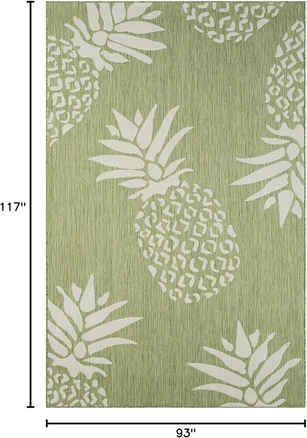 LR Home 8 x 10 Indoor / Outdoor Area Rug for Home Decor | Coastal Pineapples large size carpet for living room, bedroom, playroom, patio, garden | Modern farmhouse rug | Dark Green / Beige