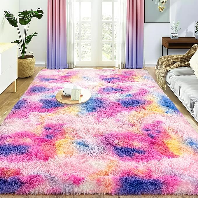 Ultra Fluffy Area Rugs for Living Room Bedroom, 6x9 Fuzzy Large Living Room Rugs, Thick Shag Rug for Dorm, Soft Non Slip Kids Girls Boys Rug for Home Decor Aesthetic, Dark Rainbow